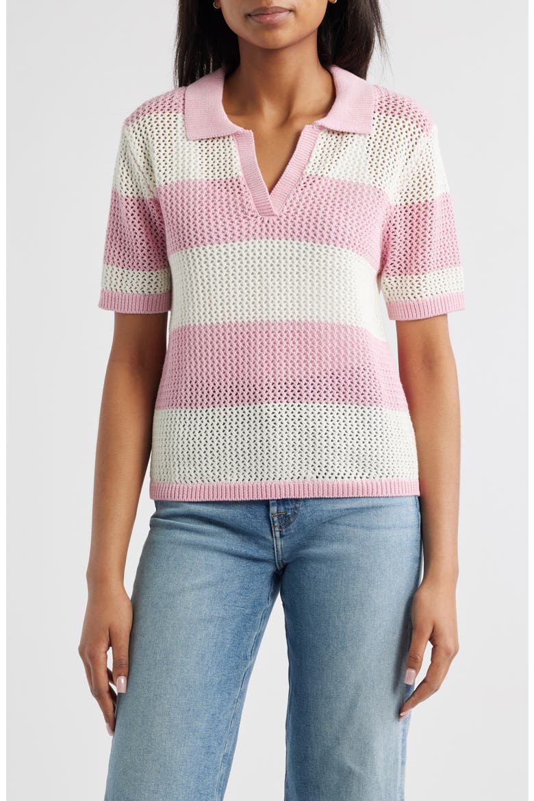 Skye Stripe Crochet Polo, Main, color, PINK/IVORY