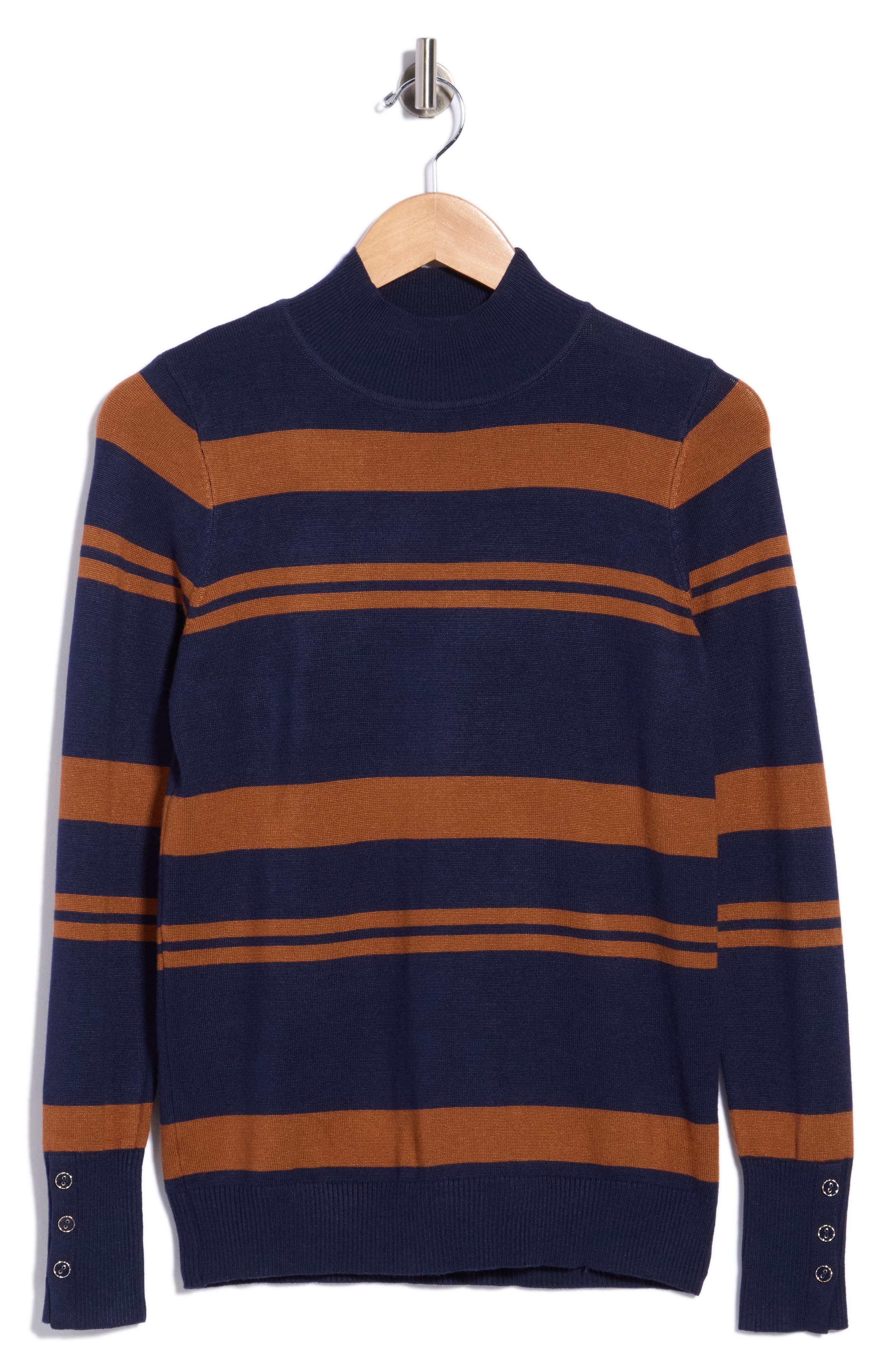 Joseph A Stripe Mock Neck Sweater In Navy/ Mocha Bisque