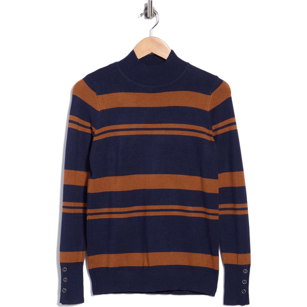 Joseph A Stripe Mock Neck Sweater In Navy/ Mocha Bisque