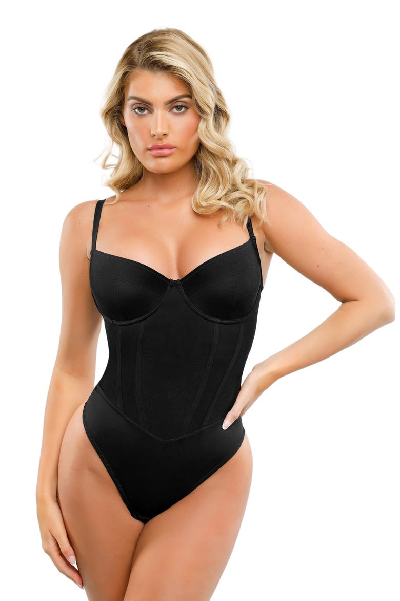 Shapewear Tummy Control Corset Thong Bodysuit, Main, color, Midnight Black