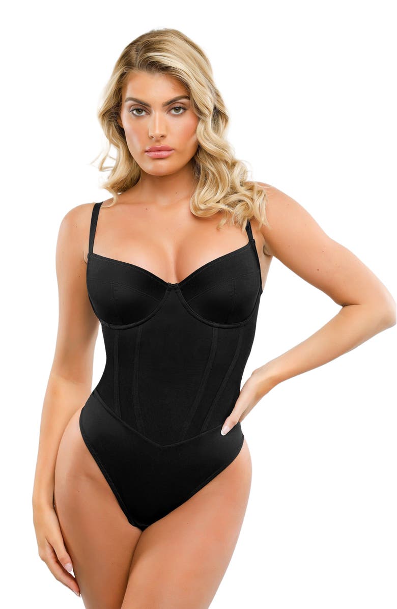 Popilush Shapewear Tummy Control Corset Thong Bodysuit, Main, color, Midnight Black
