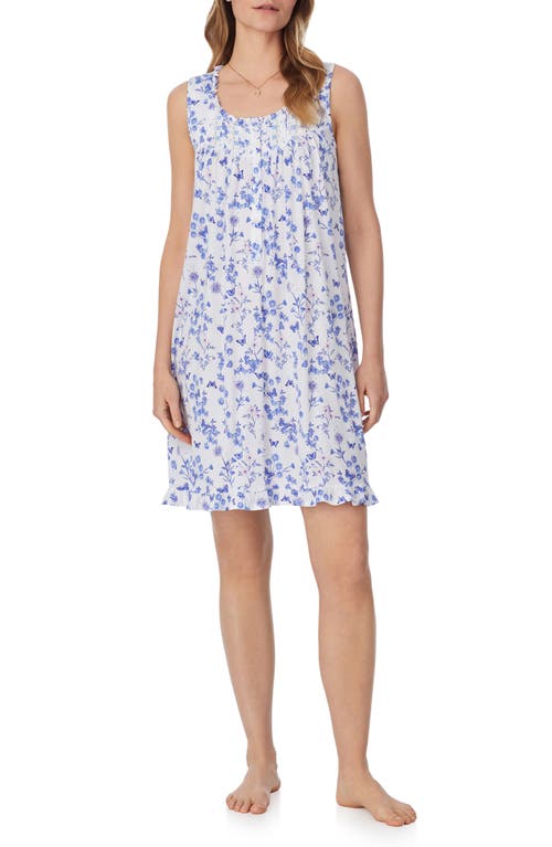 Eileen West Floral Sleeveless Short Jersey Nightgown In White Grd Periwinkle/pink Flor