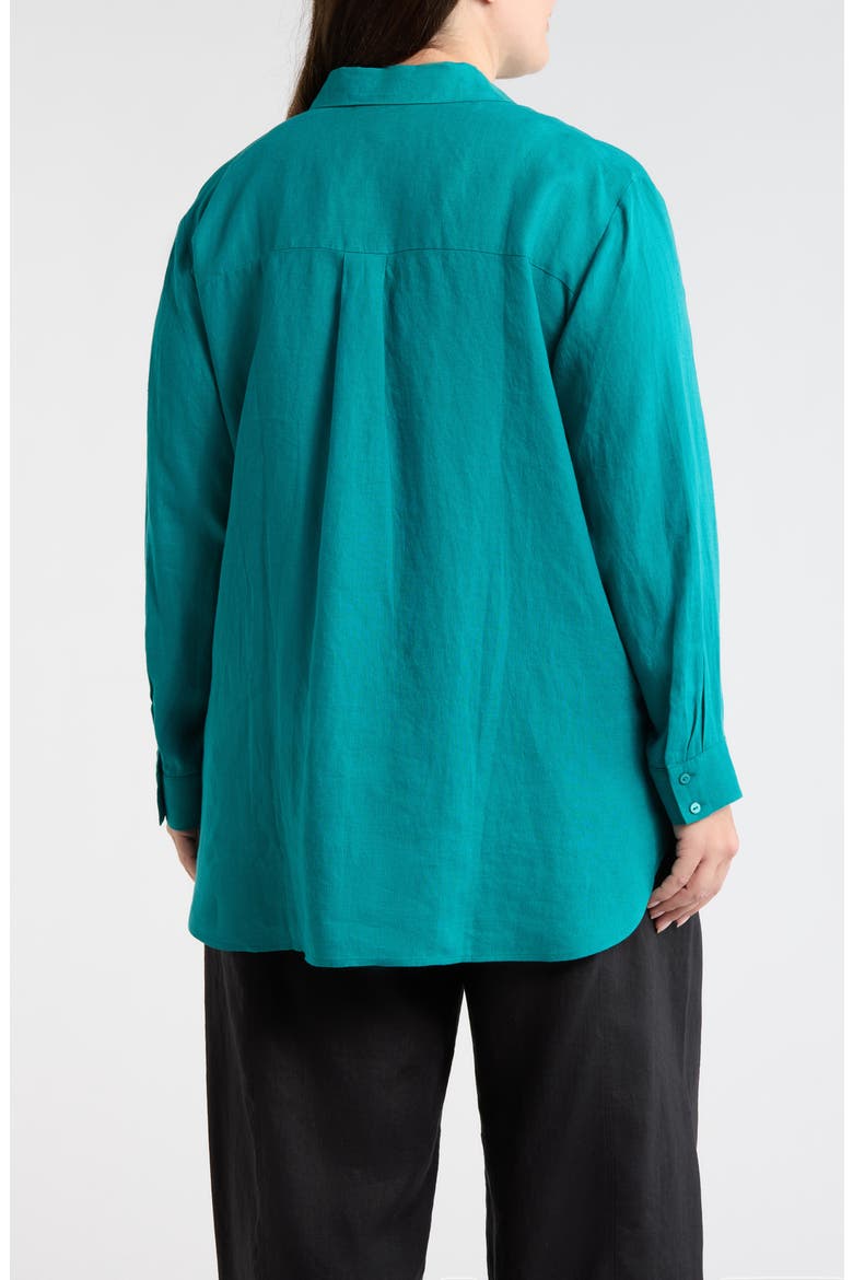 Classic Collar Organic Linen Long Button-Up Shirt, Alternate, color, TEAL