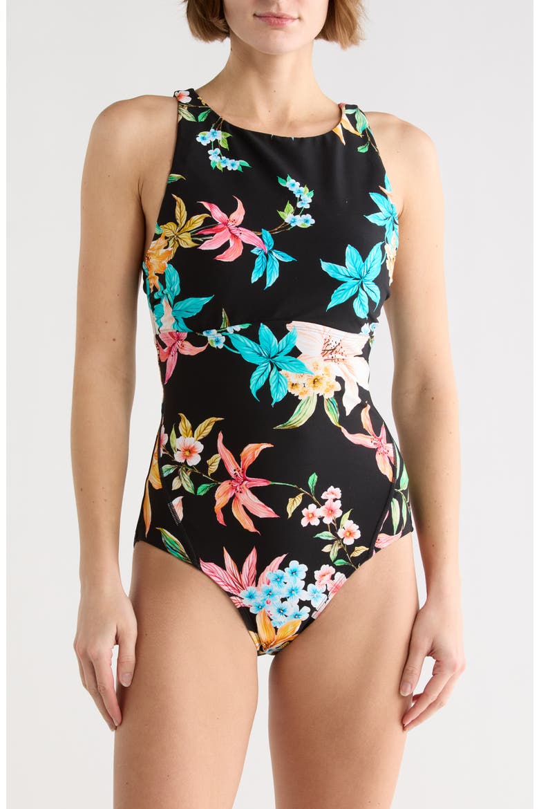 Garden Party High Line One-Piece Swimsuit, Main, color, BLACK