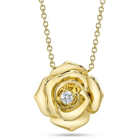 Diamond Flower Pendant Necklace 14K