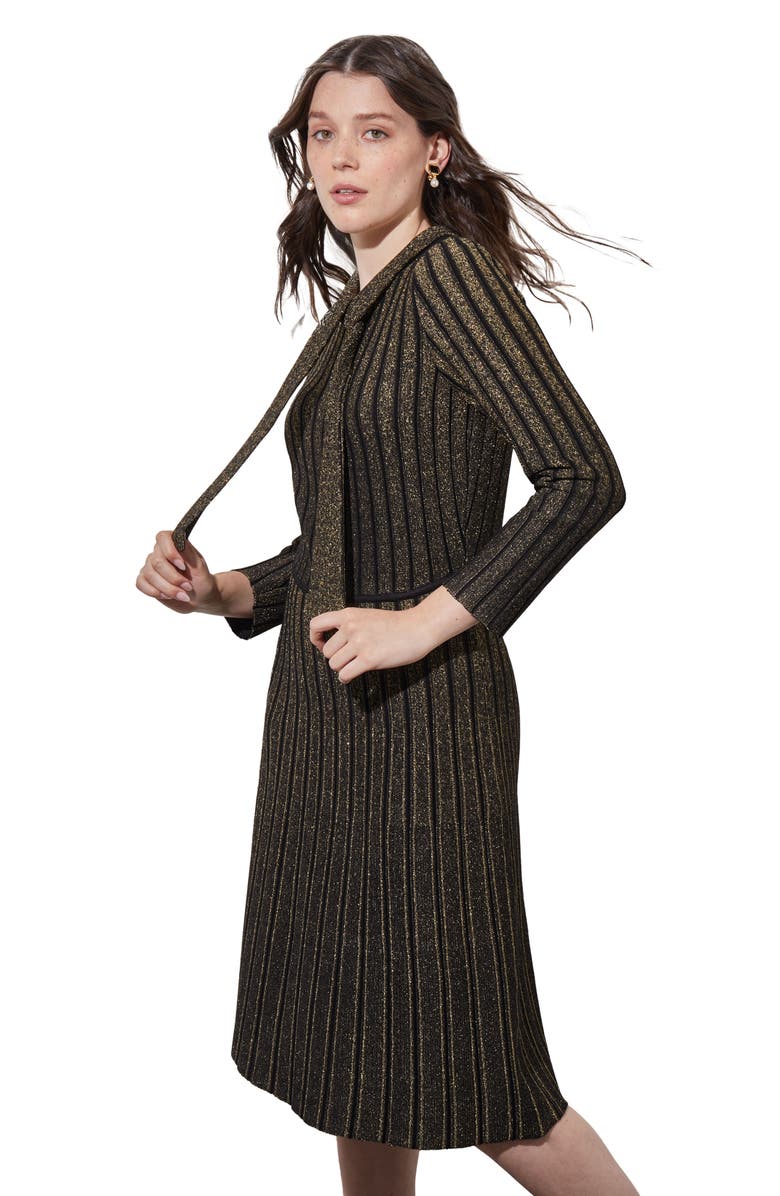 Ming Wang Shimmer Stripe Tie Neck Metallic Sweater Dress, Alternate, color, Black/Gold