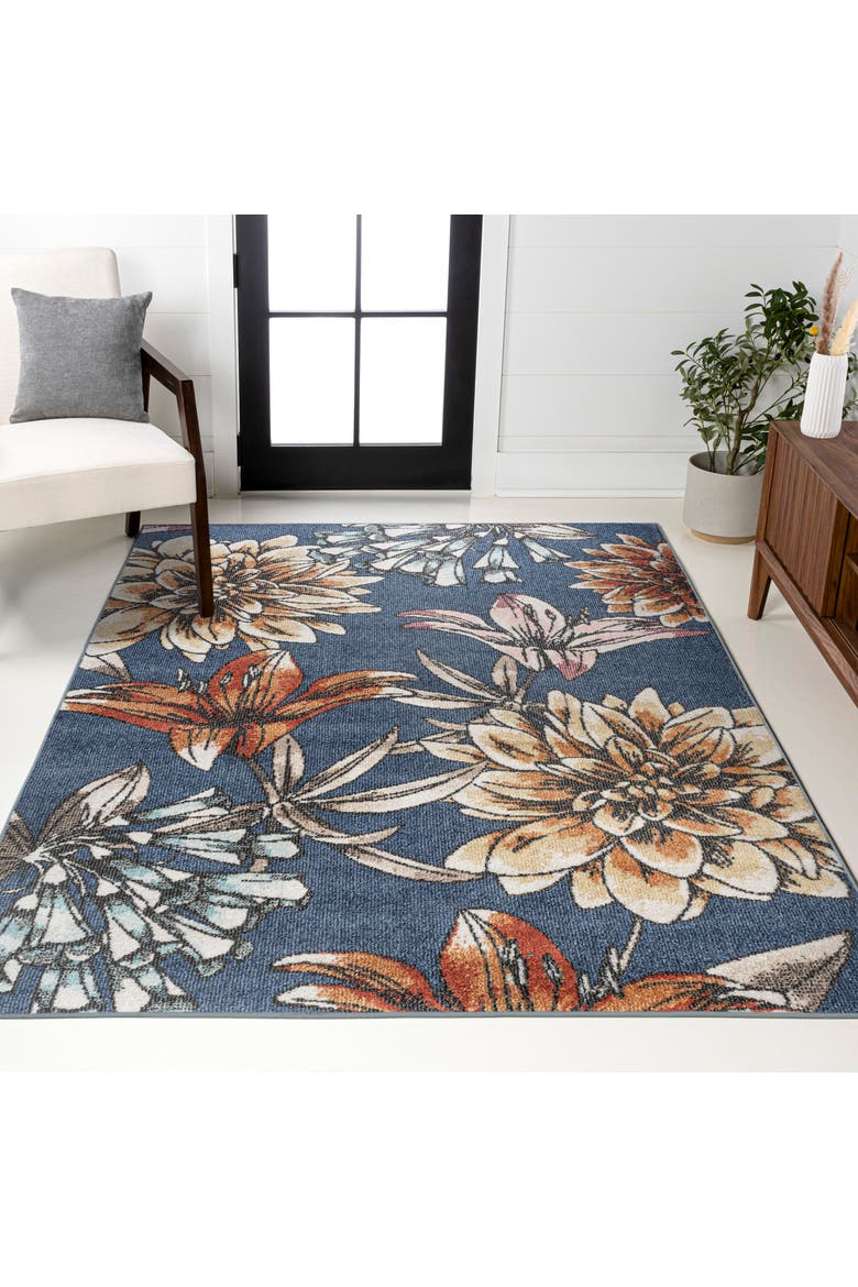 Giglio Modern Botanical Flower Area Rug, Alternate, color, Blue/Orange/Cream