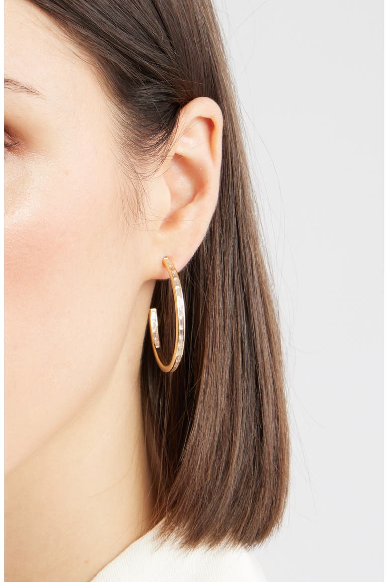 Baguette Cubic Zirconia Inside Out Hoop Earrings, Alternate, color, CLEAR- GOLD