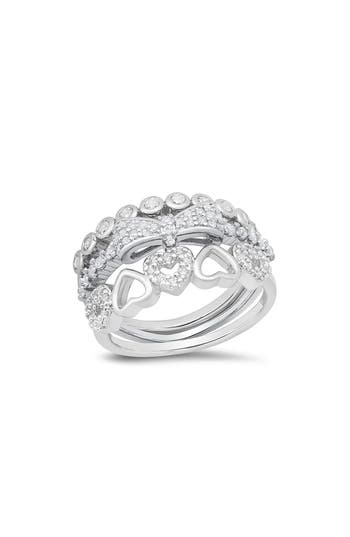 Hmy Jewelry Set Of 3 18k White Gold Plated Simulated Diamond Rings In Metallic