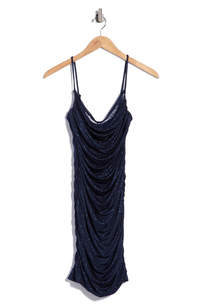 Glitter Knit Cowl Neck Dress with Lace Detail, Alternate, color, NAVY