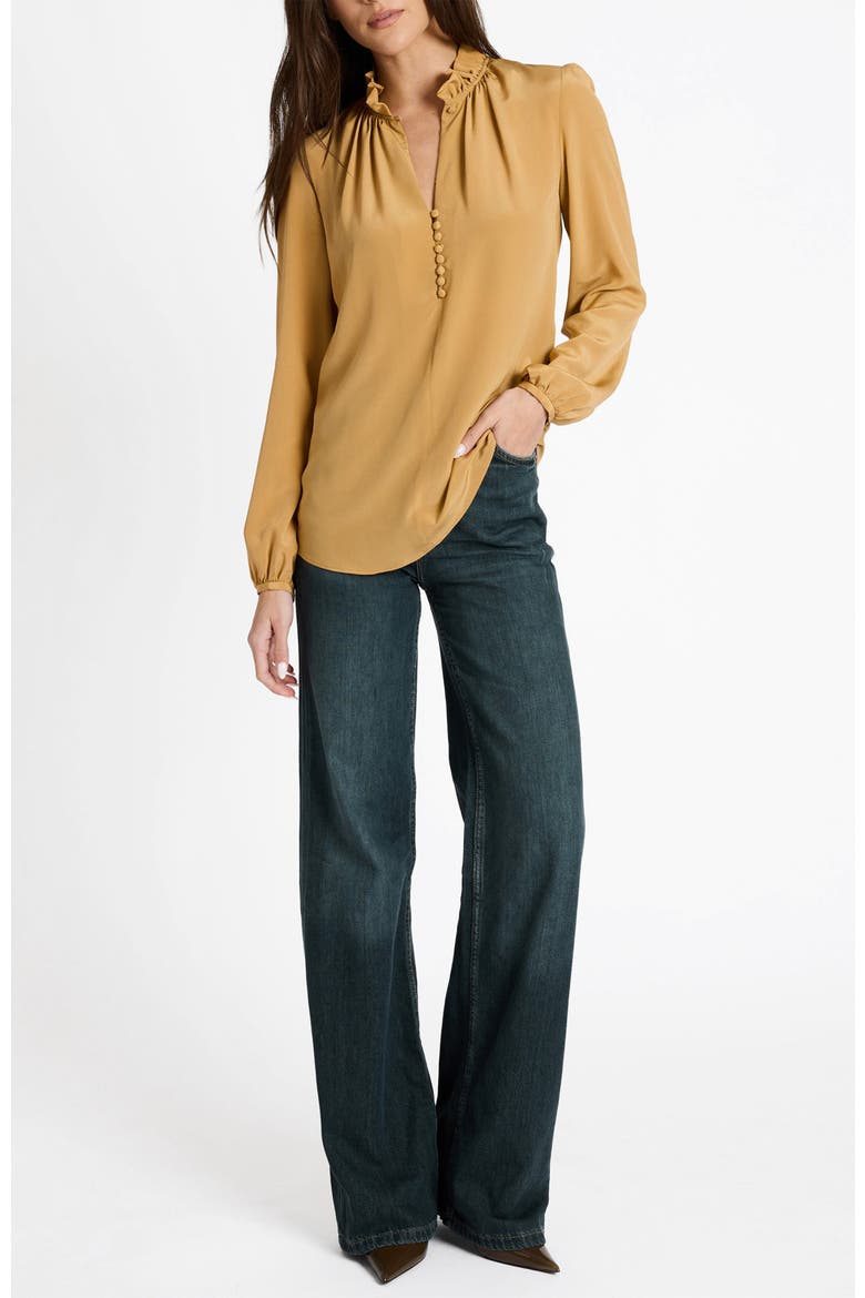 Astrid Long Sleeve Silk Ruffle-Neck Top, Alternate, color, Dune Sand