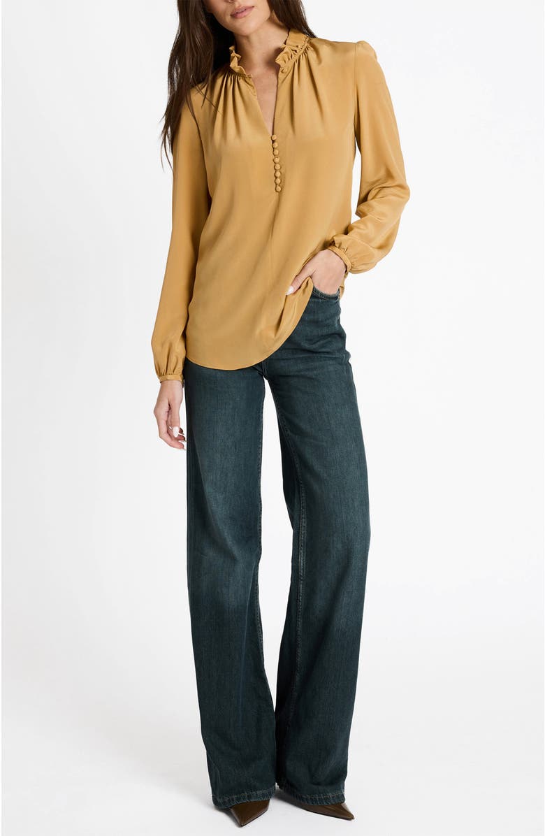 Santorelli Astrid Long Sleeve Silk Ruffle-Neck Top, Alternate, color, Dune Sand