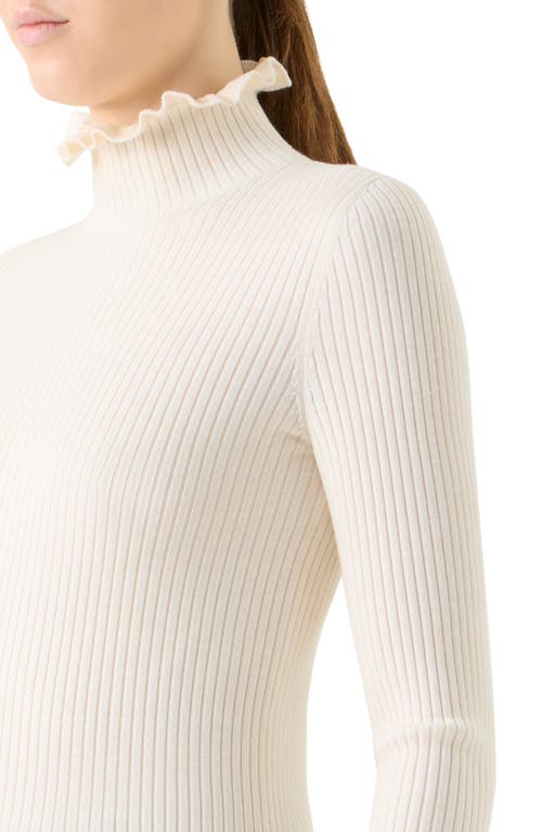 Akris Punto Ruffle Mock Neck Rib Wool Sweater In White