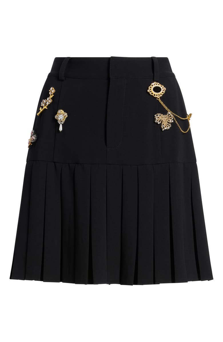 Cinq à Sept Brooch Embellished Pleated Miniskirt, Alternate, color, Black