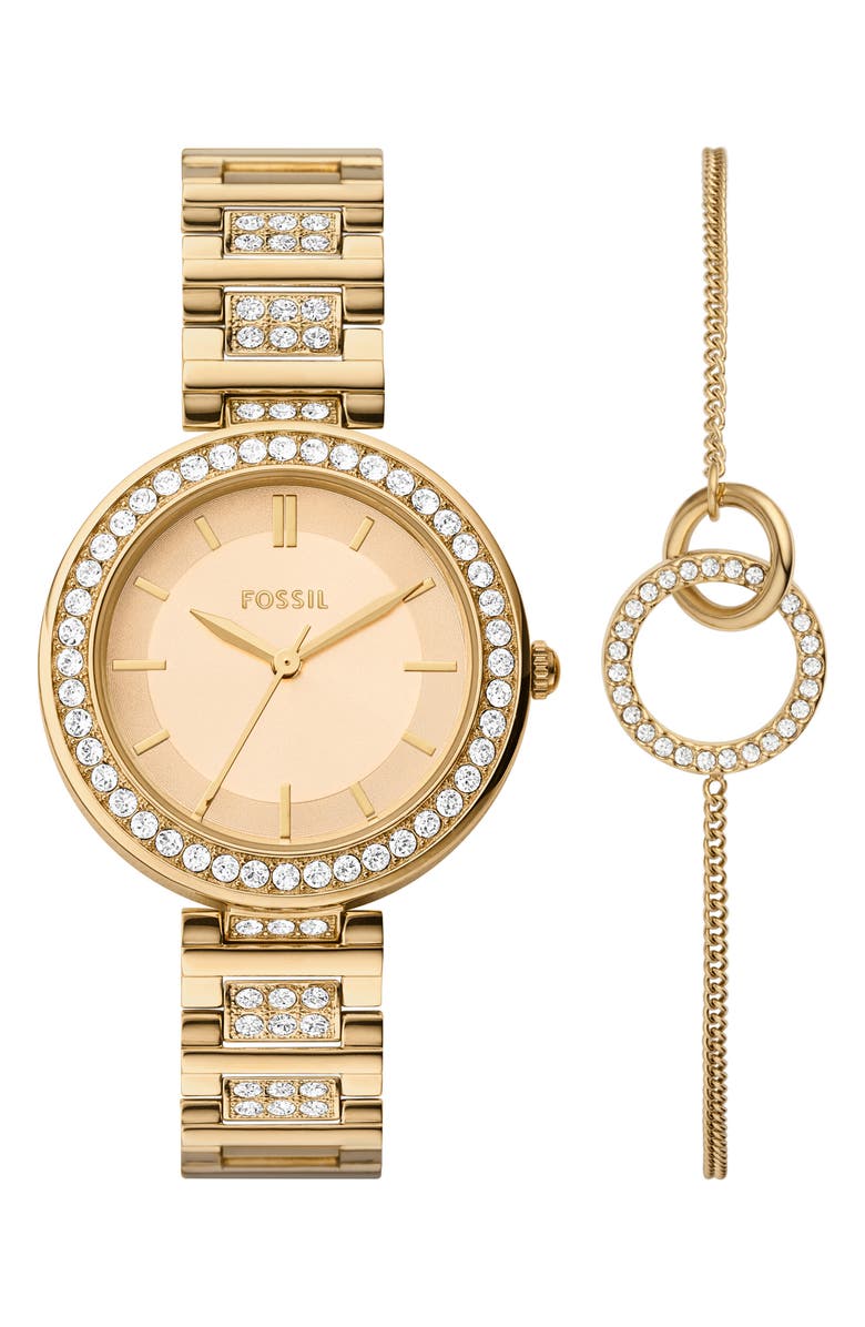 Fossil Karli Three-Hand Quartz Bracelet Watch & Bracelet Set, Main, color, Gold