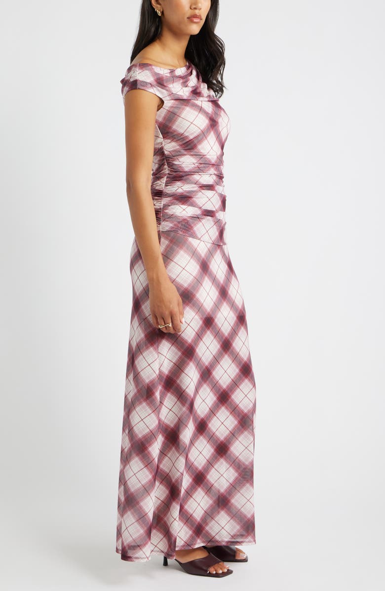Open Edit One-Shoulder Mesh Maxi Dress, Alternate, color, Ivory- Red Reese Plaid