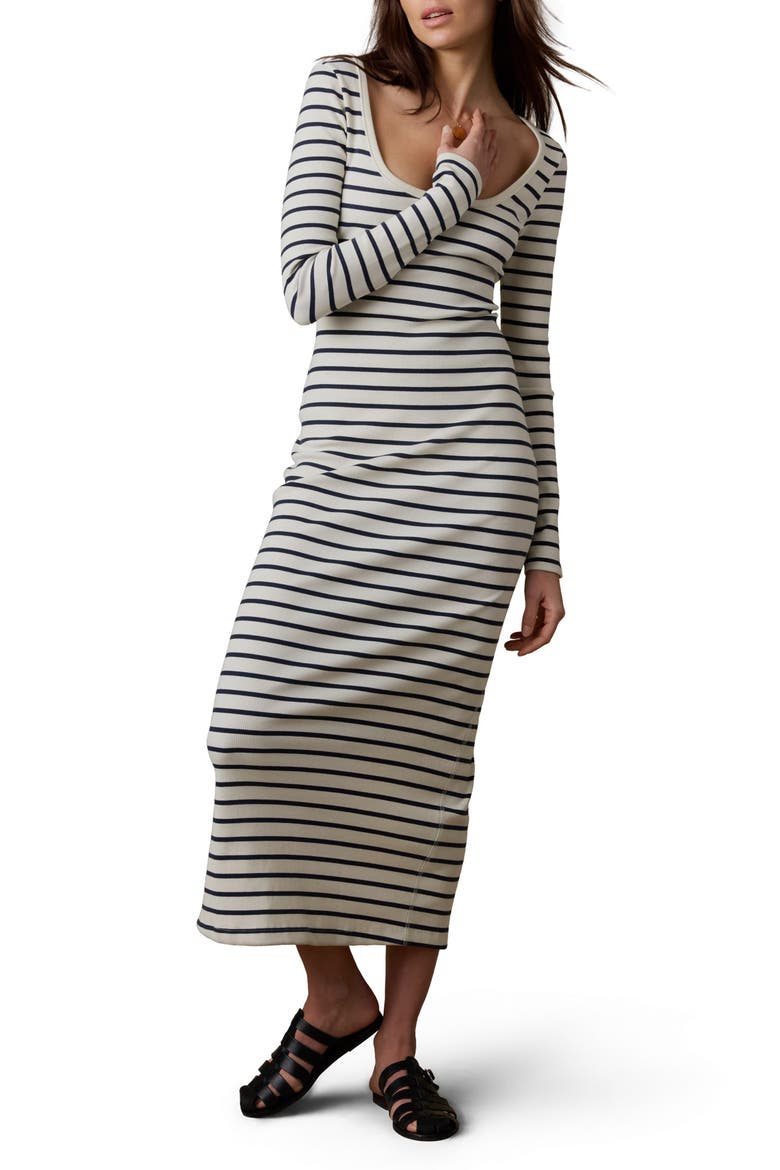 Surfside Long Sleeve Rib Stretch Organic Cotton Maxi Dress, Main, color, SALT AIR STRIPE