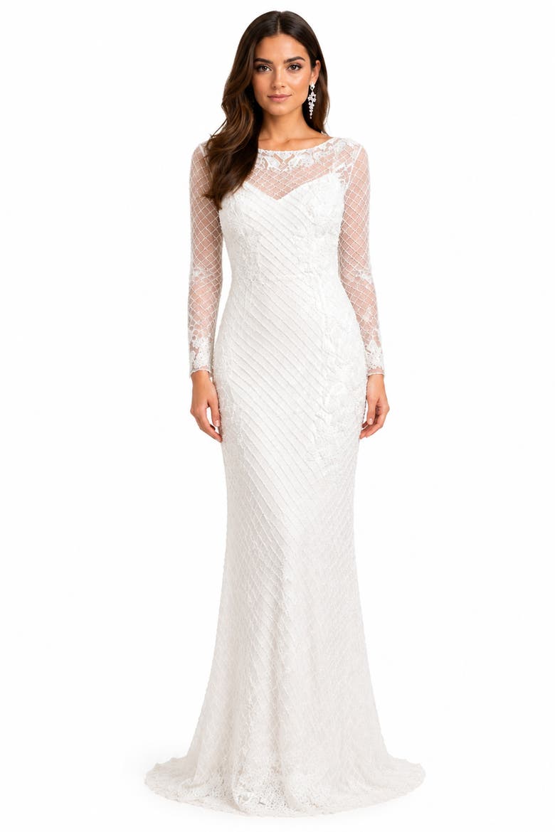 Beaded Faux-Wrap V-Neck Bridal Gown, Main, color, Ivory