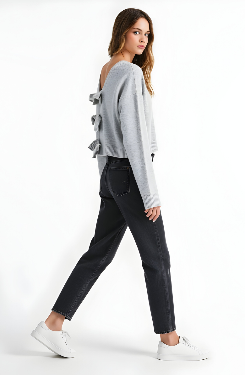Modenaire Plush Knit Sweater with Deep V-Back and Bow Tie Accents, Alternate, color, 