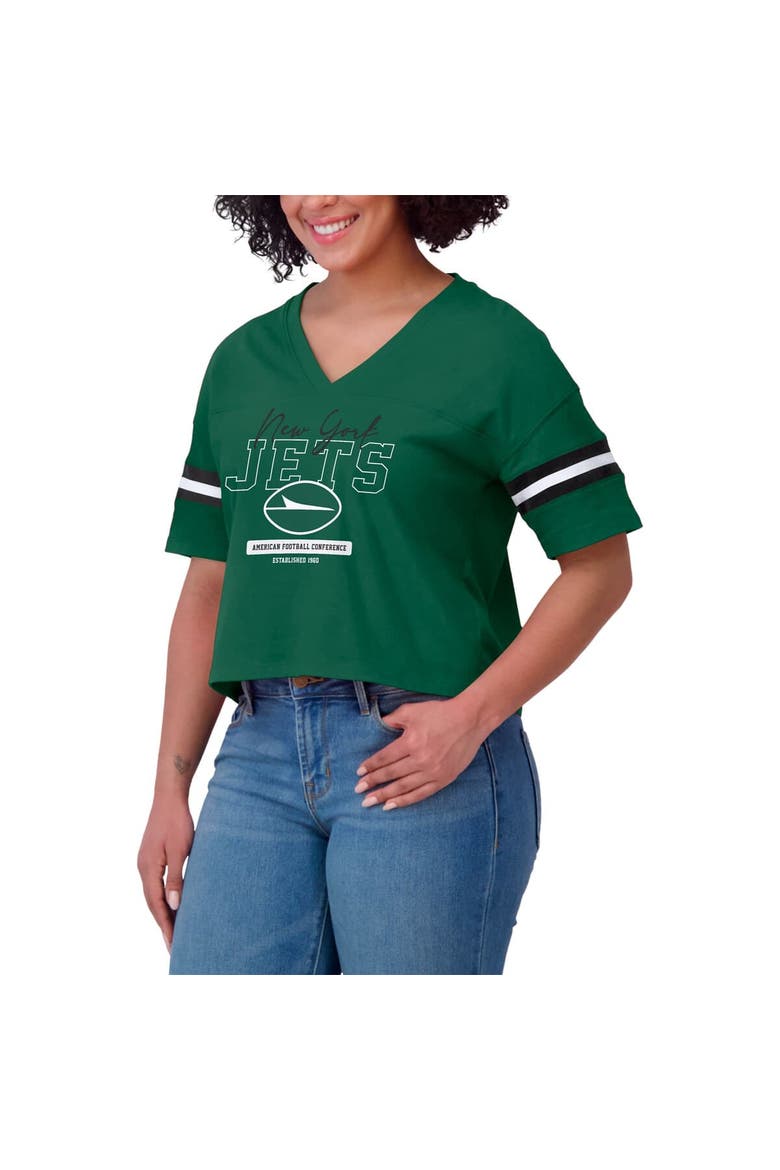Women's WEAR by Erin Andrews Green New York Jets Color Block Boxy Modest Crop V-Neck T-Shirt, Alternate, color, Green