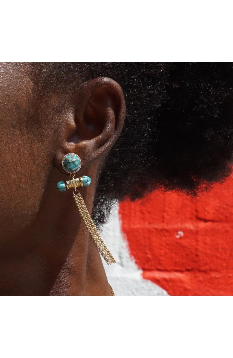 LuvMyJewelry Sunkissed Design Yellow Gold Plated Silver Turquoise Gemstone Diamond Fringe Earring, Alternate, color, 