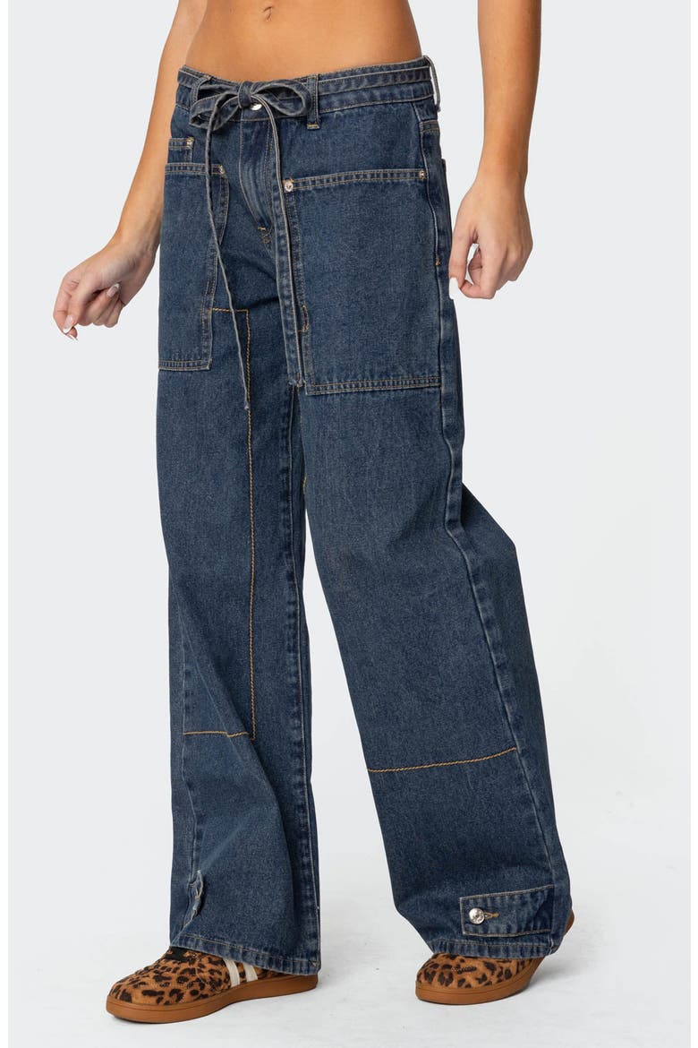 Funky Stitch Belted Low Rise Wide Leg Jeans, Alternate, color, DARK-BLUE-WASHED