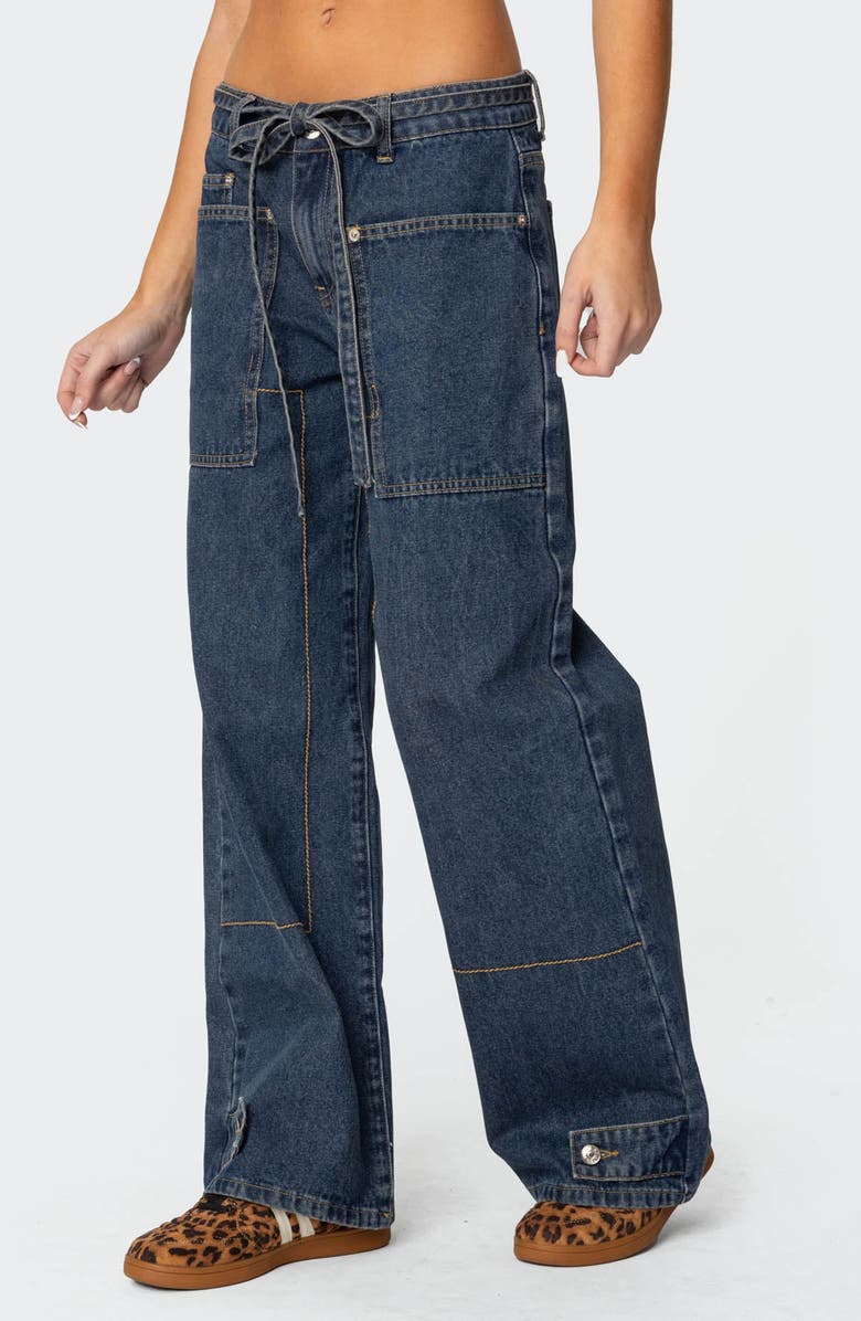 EDIKTED Funky Stitch Belted Low Rise Wide Leg Jeans, Alternate, color, Dark-Blue-Washed