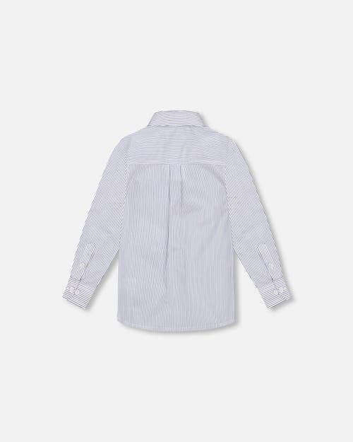 Deux Par Deux Boy's Long Sleeve Button Down Shirt Navy Blue Stripes In Navy Blue Stripes