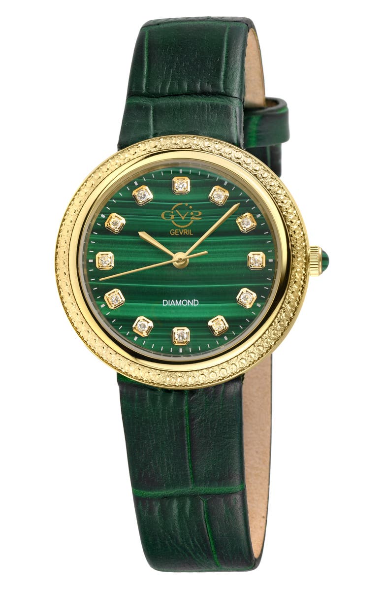 GV2 Arezzo Diamond Embellished Leather Strap Watch, 33mm - 0.14ctw, Main, color, Green