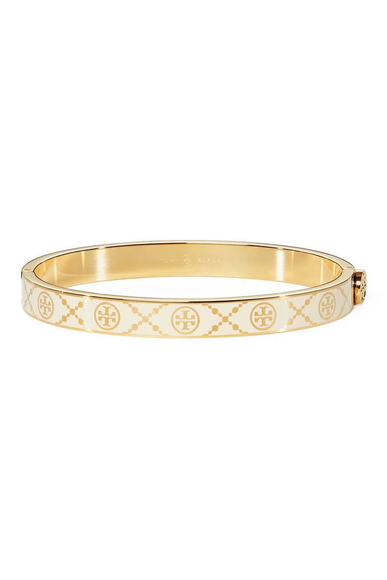 Icon T Monogram Hinge Bracelet, Main, color, TORY GOLD / NEW IVORY