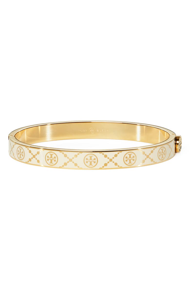 Tory Burch Icon T Monogram Hinge Bracelet, Main, color, Tory Gold / New Ivory