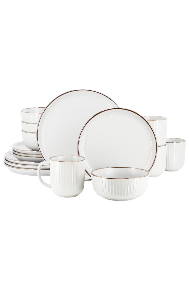Elama Leo 16 Piece Stoneware Dinnerware Set, Main, color, White