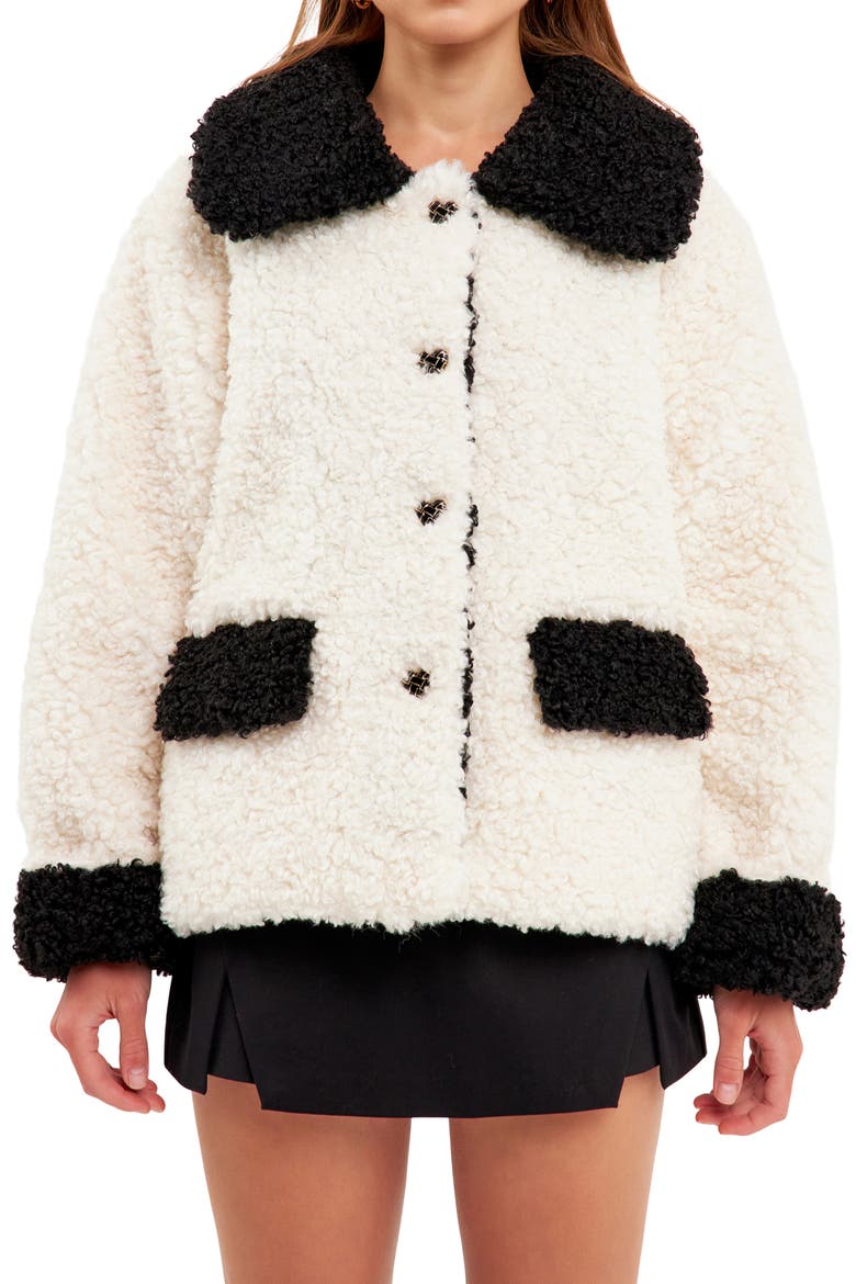 Colorblock Faux Shearling A-Line Jacket, Main, color, WHITE/ BLACK