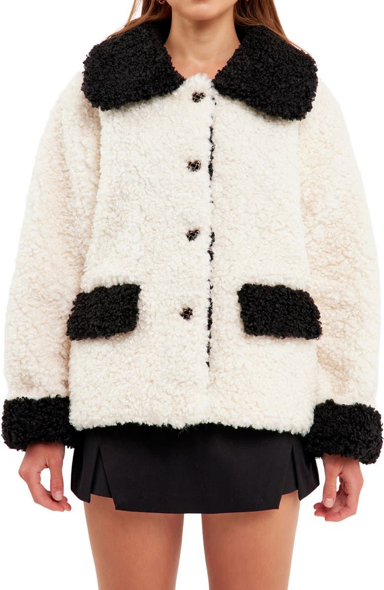Endless Rose Colorblock Faux Shearling A-Line Jacket, Main, color,