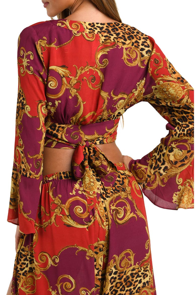 Baroque Leopard Wrap Crop Cover-Up Top, Alternate, color, ROUGE