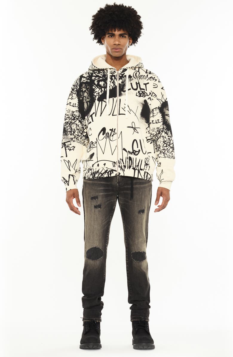 Cult of Individuality Scribbled Graphic Zip Hoodie, Alternate, color, Winter White