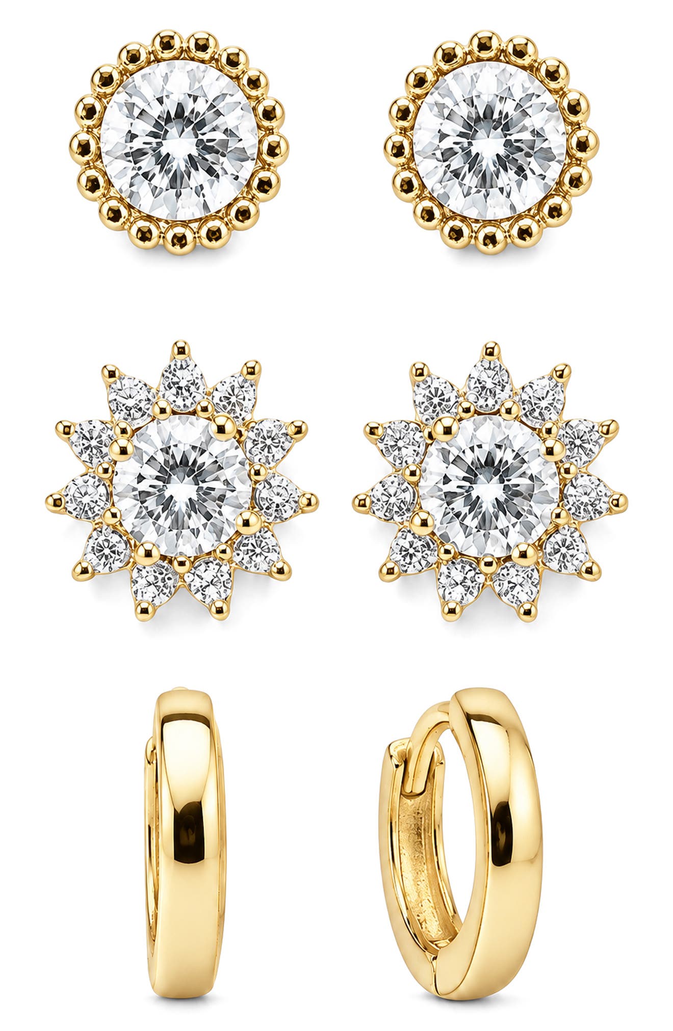 Set of 3 Cubic Zirconia Flower Stud & Huggie Hoop Earrings