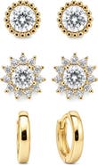 Laura Ashley Set of 3 Cubic Zirconia Flower Stud & Huggie Hoop Earrings
