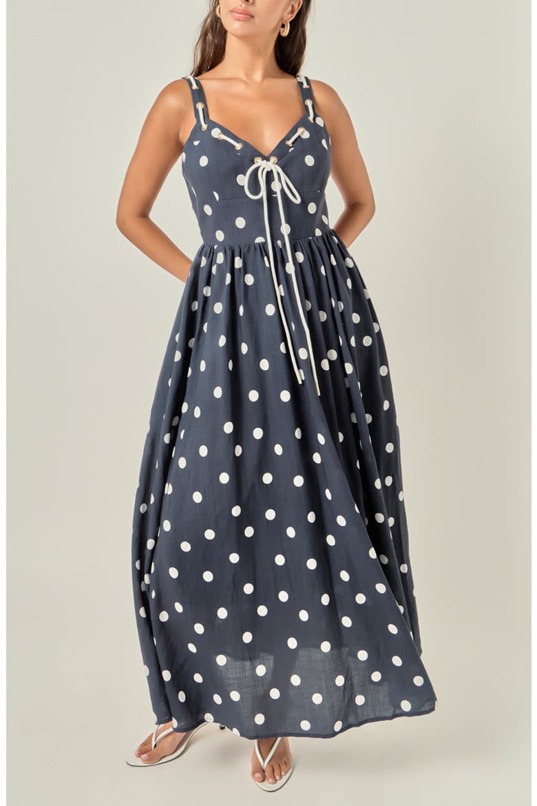 Polka Dot Linen Blend Maxi Dress, Alternate, color, NAVY/ OFF WHITE