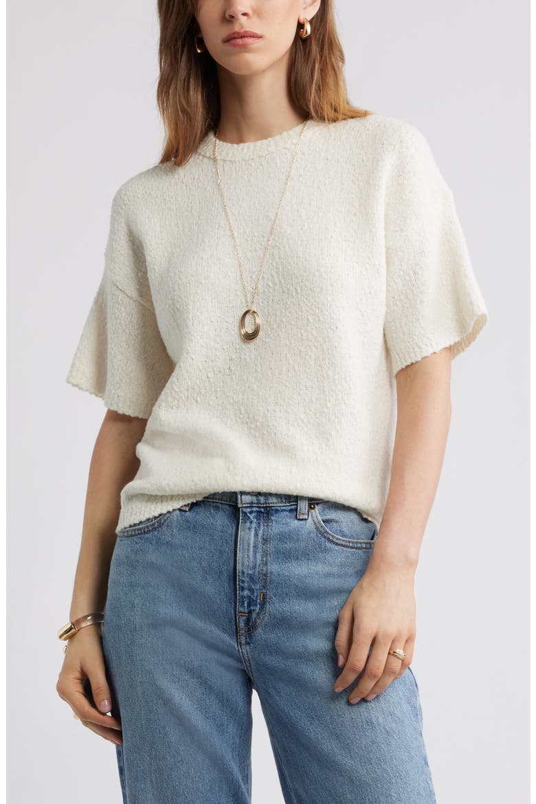 Short Sleeve Stretch Wool Blend Bouclé Sweater, Main, color, IVORY TOFU
