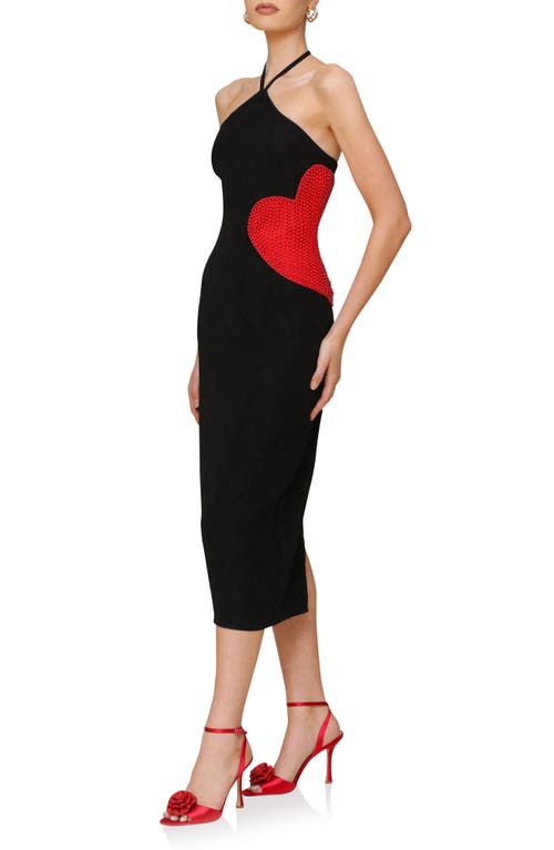 Avec Les Filles Heart Appliqué Halter Midi Dress In Black Red