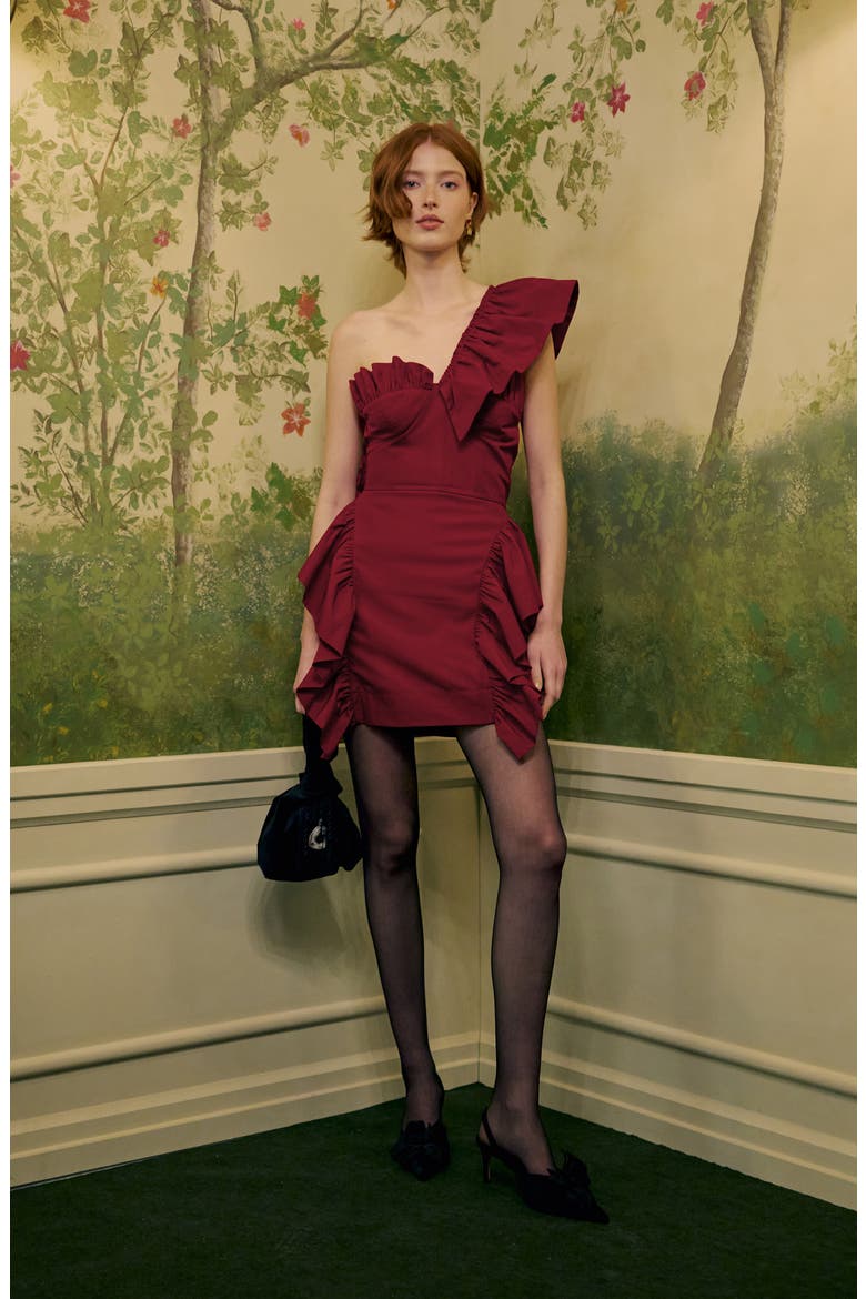 Ruffled One-Shoulder Minidress, Alternate, color, DARK RED