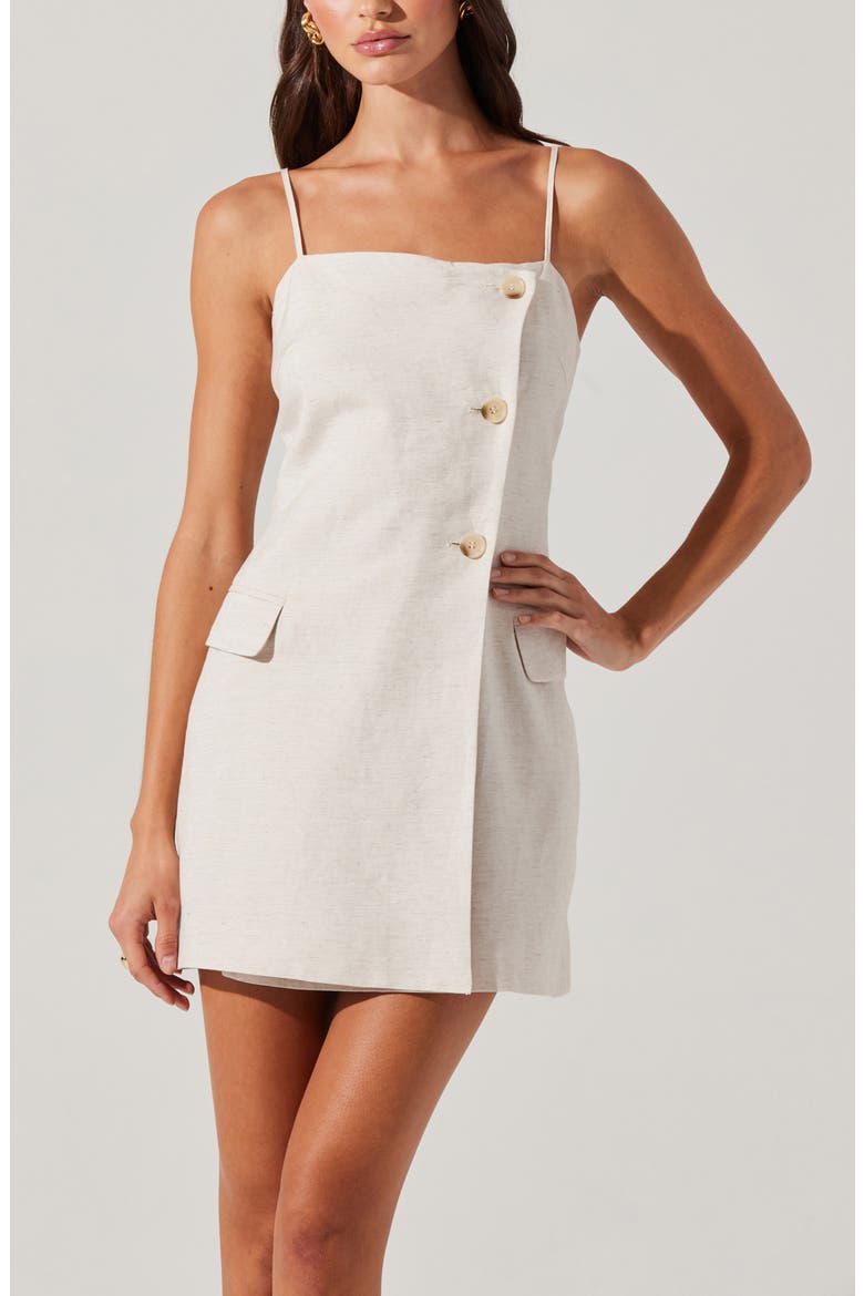 Azria Asymmetric Button Linen Blend Minidress, Alternate, color, OATMEAL