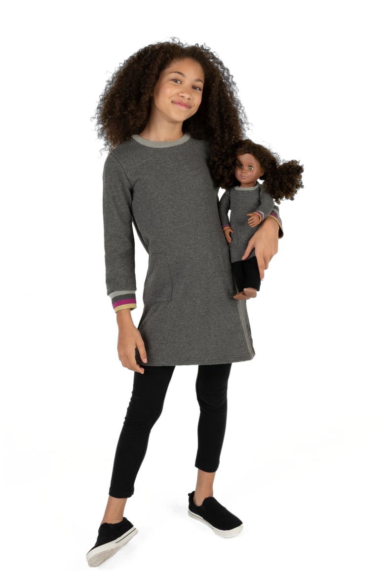 Girls Sweatshirt Dress with Matching Doll Dress, Main, color, DARK GREY