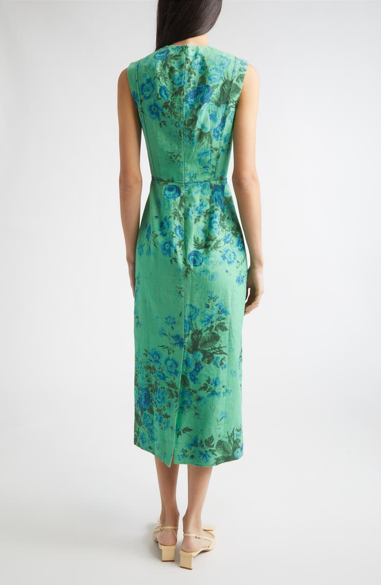 Erdem Floral Print Sleeveless Linen Midi Pencil Dress, Alternate, color, Rose Bouquet Sea Green