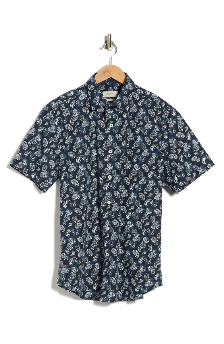 Bugatchi Orson Short Sleeve Stretch Cotton Button-Up Shirt, Alternate, color, Navy