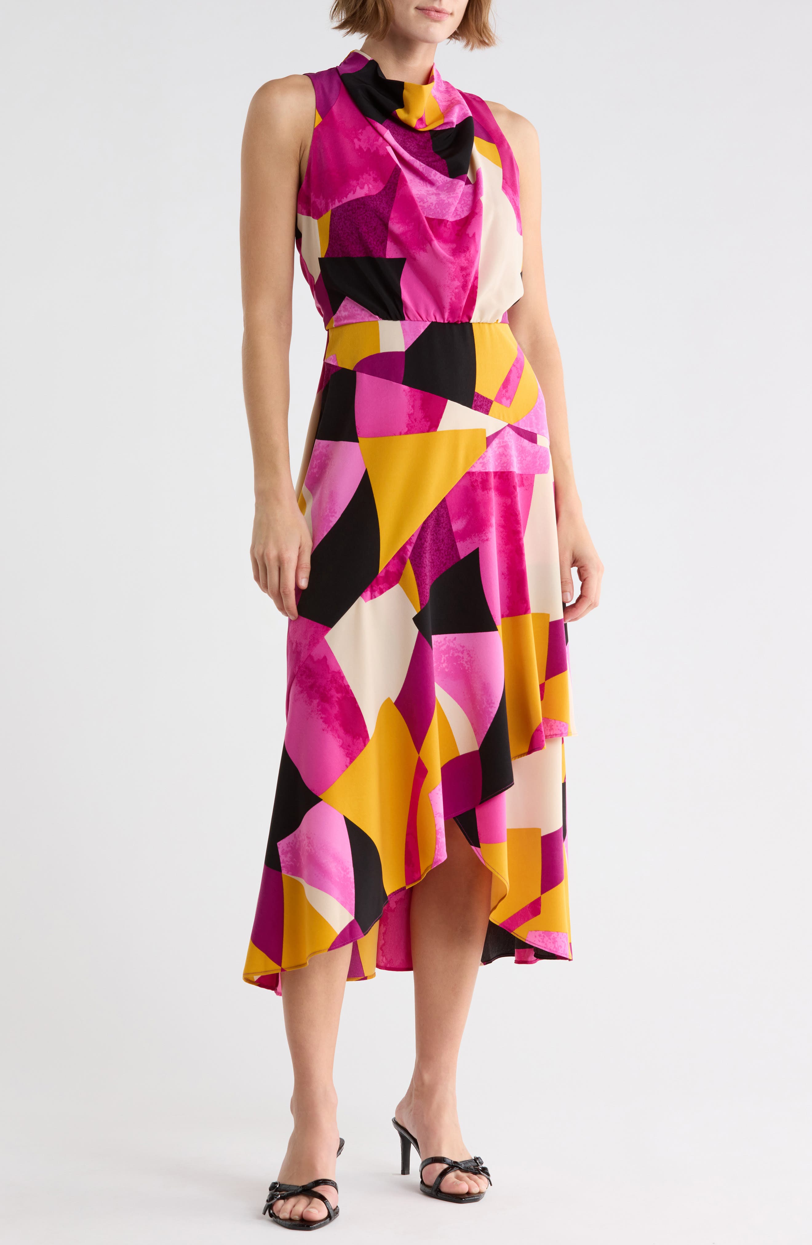 Geo Print Sleeveless Crepe Midi Dress