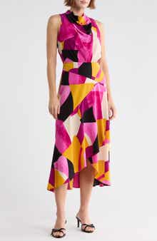 Geo Print Sleeveless Crepe Midi Dress
