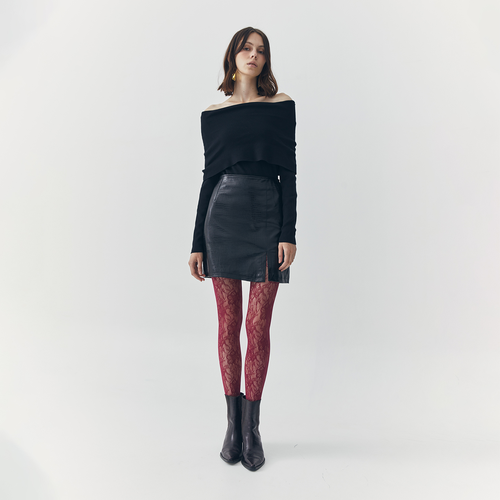 Ats Tess Croc Embossed Leather Mini Slit Skirt In Black