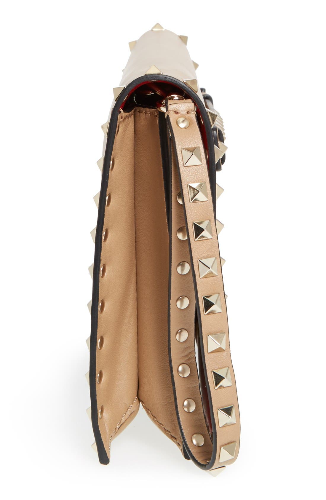 Rockstud Leather Flap Clutch, Alternate, color, ALPACA